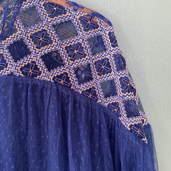 NWT women Sz XS/S oversized rare navy blue sheer glam chic embroidered blouse - Picture 3 of 12